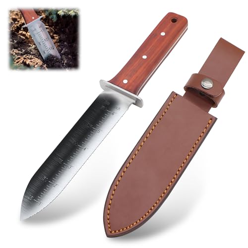 Professional Multi-Purpose Garden Trowel - Stainless Steel Blade with Double Edge for Digging Weeding Planting & Cutting - Includes Full-Tang Hardwood Handle & Protective Sheath