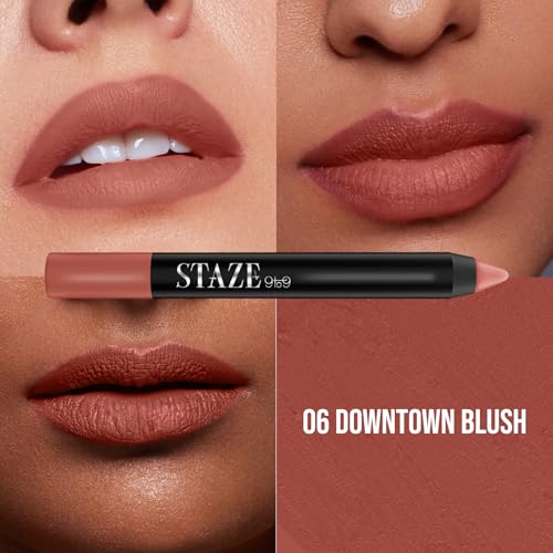 Image of Staze Pout On Transfer proof Lip Crayon | Upto 12 hours long stay | One Swipe High Matte Pigment | Vitamin E & Jojoba Oil | Sharpenable Smudgeproof & Waterproof Lip Crayon | 06 Downtown Blush | 3.5g