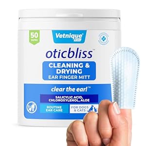 Vetnique Oticbliss Ear Finger Wipes for Dogs & Cats Dual-Sided Cleaning Dog Ear Wipes for Odor Control, Dirt & Wax Removal with Soothing Aloe, Salicylic Acid & Aloe Vera, 50ct