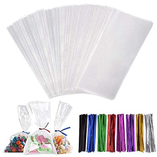 HO2NLE 200pcs Bolsas de Celofan Transparente OPP para Chuches Bolsitas Plastico Pequeñas 9 x 15cm con Lazos Colores para Chuches Galletas Tortas Dulces Chocolate Cumpleaños Boda Comunion Cover