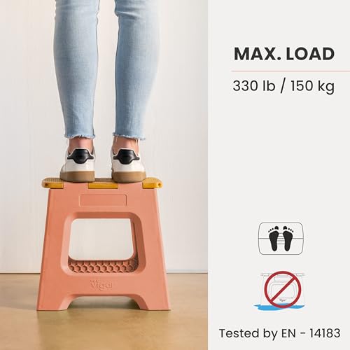 Image of Vigar Compact Folding Step Stool, 12-1 /2 in, Orange Bamboo Print | 12-1 /2 in Foldable Stool, Lightweight Portable Design, Handle, Non Slip Surface, Space-Saving, Supports up to 330 lb