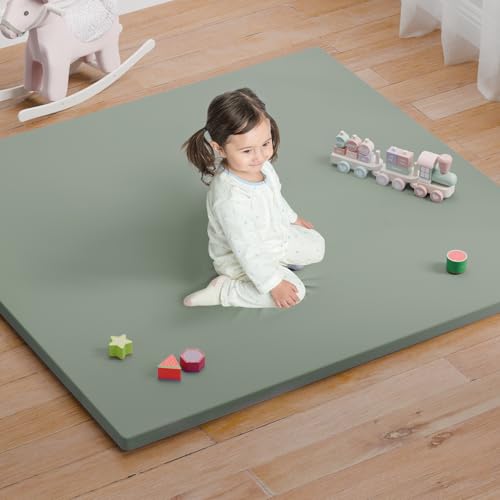 Comehealthy Baby Play Mat for Floor, 50x50 Vegan Leather Playpen Mat, Thickened Foam Cushioned Mat for Infants and Toddlers, Waterproof, Non-Slip & Stylish Playmat for Babies, Easy to Clean, Green