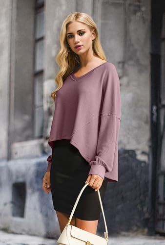 IWOLLENCE Womens Long Sleeve Shirts Oversized V Neck Tunic Tops for Women Waffle Knitted Pullover Sweater Top4