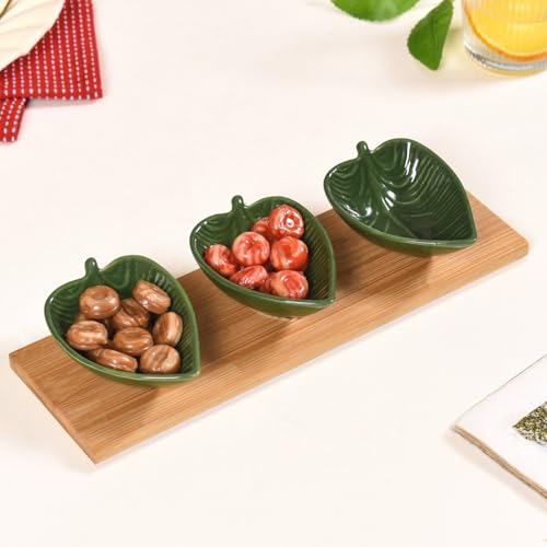 Image of Nestasia Leaf-Shaped Ceramic Dip Bowls Set with Bamboo Serving Tray 50ml | Eco-Friendly, Microwave and Dishwasher Safe | Perfect for Dips, Sauces, Nuts, Candies, Treats and Gifting