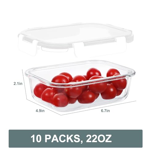 KOMUEE 10 Packs 22 oz Glass Meal Prep Containers, Glass Food Storage Containers with Lids, Airtight Lunch Boxes BPA Free, Microwave and Freezer Safe, White