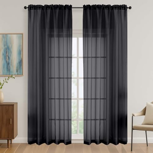 Image of OVZME Black Bedroom Curtains 2 Panel Sets 90 Inch Length, 59 Inch Extra Wide Light Filtering Light Weight Soft Window Treatment Panels for Study Room Living Room Guest Room, 59Wx90L Inches