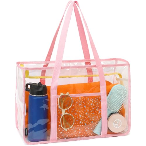 Image of Fammart Clear Beach Bag for Women, Large Pool Tote Cruise Vacation Essentials - Zipper Closure, Waterproof, Sandproof