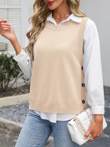 Image of ANRABESS Womens Sweater Vest Summer Sleeveless Crewneck Ribbed Knit Side Button Loose Pullover Tank Tops 2026 Fall Outfits