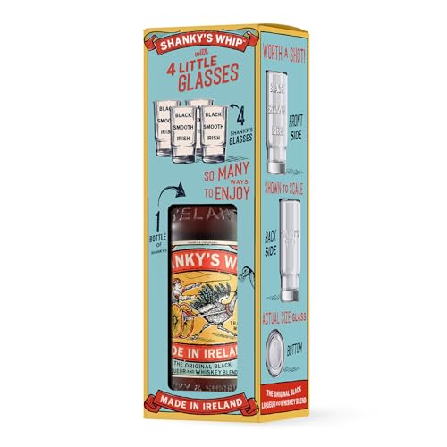Shankys Whip | Shot Glass Gift Pack | Irish Whiskey Liqueur Flavoured with Caramel and Vanilla | 33% ABV | Whiskey Blend Toffee Liqueur | Whisky Cocktails Gift Shots Spirits Gift Box