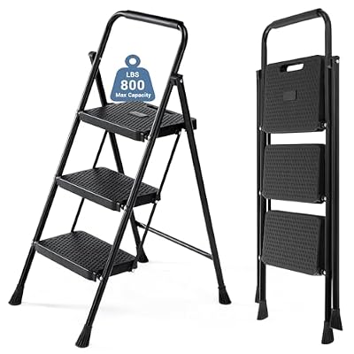 DUMOS 3 Step Ladder, Sturdy Step Stool with Anti-Slip Pedal & Comfortable Handrail, Portable Heavy Duty Step Stool for Kitchen, Garage & Outdoor Use, 800lbs, Black