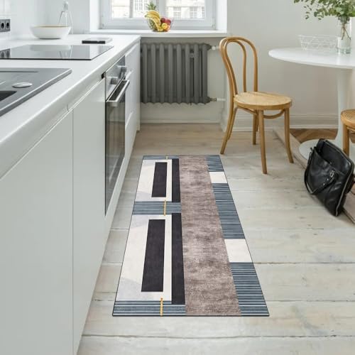 Alfombra de pasillo de cocina larga gris marrón patchwork de 80x300 cm 5