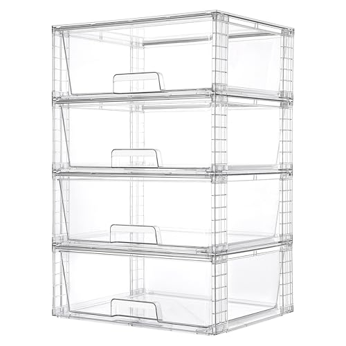 Image of Vtopmart 4 Pack Large Stackable Storage Drawers,Easily Assemble Clear Acrylic Bathroom Closet Undersink Organizers,Plastic Storage Bins for Cabinet,Kitchen Pantry,Medicine Organization