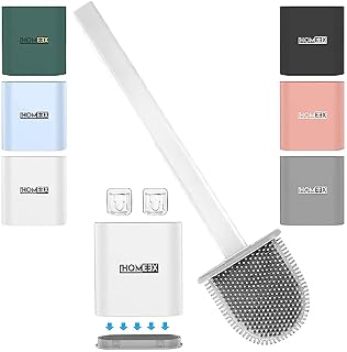 HOMEEX Silicone Toilet Brush, Toilet Brushes and Holder Deep Cleaner with No-Slip Plastic Handle and Soft Flexible Bristles, Toilet Brushes with holders and Base for Anti-drip (White)