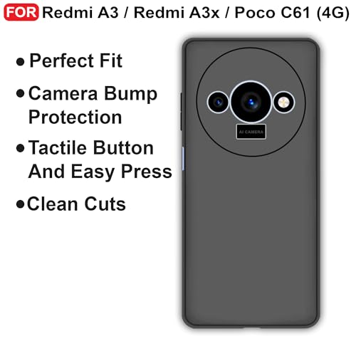 Image of CEDO Back Cover for Redmi A3 / Redmi A3x / Poco C61 (4G) | Camera Bump Protection & Inner Velvet Fabric Lining | Ultra Slim Matte Soft Rubberised Case Cover (Black)