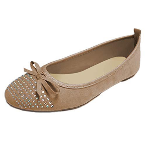 Gold Toe Womens Microsuede Ballet Flats Rhinestone Detail, Cushioned Insoles,Easy Slip On/Off (Tan,7)