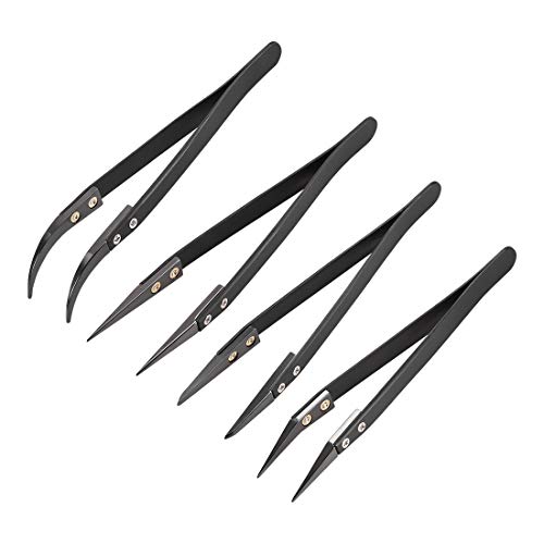 uxcell Precision Ceramic Tweezers Set Non-Conductive Heat Resistant Anti-Static Straight Pointed Round Curved Small Curved Tweezers, 4 Pack