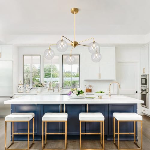 Image of Mid Century Modern Sputnik Chandelier Brass 5 Light Gold Chandelier Clear Glass Globe Sputnik Chandelier for Dining Room Bedroom Kitchen