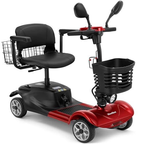 WheelWavi 4 Wheel Compact Mobility Scooter for Seniors and Adults,Foldable Electric Scooter, Heavy Duty Travel Model with Lights, Basket, and Long-Lasting Battery (Red)