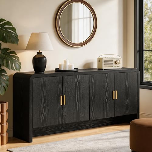 Image of Finnhomy 68'' Sideboard Buffet Cabinet with Storage, Curved Design Credenza Storage Cabinet with 4 Doors, Console Cabinet for Kitchen, Living Room & Hallway, Black