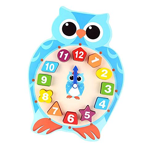 Gobus Animal Lindo Forma de Madera Relojes de enseñanza número de Color Forma geométrica Que Hace Juego Bloques de construcción Reloj de Juguete para niños pequeños (Reloj búho)