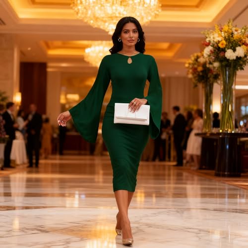 Image of SeNight Women Elegant Church Dress Bodycon Business Work Long Sleeve Dress Round Neck Green Pencil Dresses