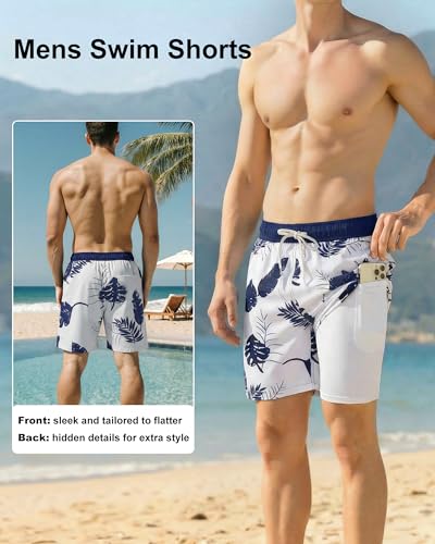 Image of Mens Swim Trunks with Compression Liner 2 in 1 Quick Dry Swimming Shorts Swimwear Bathing Suits with Pockets, B Mix Black Leaves, L