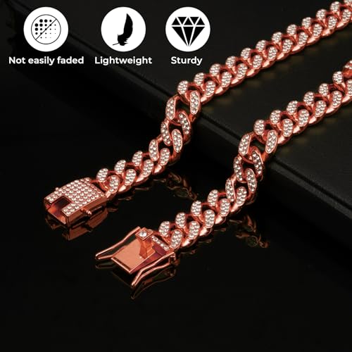 Image of Rosegold Dog Chain Diamond Collar Walking Metal Chain Collar with Secure Buckle, Pet Cuban Style Collar Jewelry Accessories for Small Medium Large Dogs, Available in Pet Gift (Rosegold, 20inch)