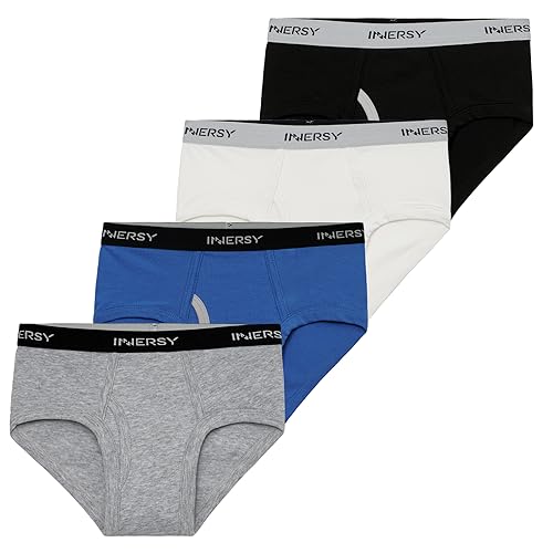 INNERSY Jungen Slips Baumwolle Unterhosen mit Eingriff Kinder Unterwäsche Basic Slip 4er Pack (146-158, Blau/Grau/Schwarz/Weiß)