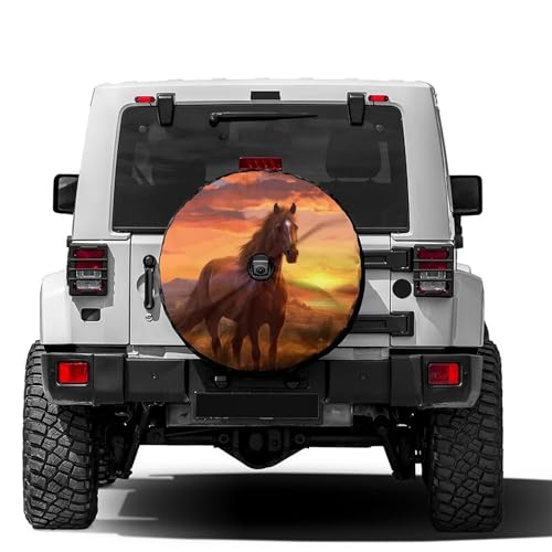 Image of Delerain Spare Tire Cover with Backup Camera Hole Brown Horse Sunset Wheel Covers Waterproof Dust-Proof UV Sun Universal Fit for RV Trailer RV SUV Truck (17 Inch for Diameter 31 inch-33 inch)