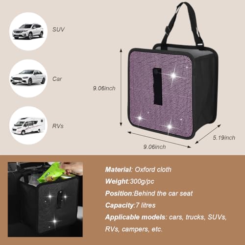 Image of Car Trash Can, Bling Rhinestone Crystal Waterproof Hanging Garbage Bag for Car Interior, Oxford Leakproof Foldable Waste Organizer Trash Bin Universal for Most Vehicles (Light Pink)