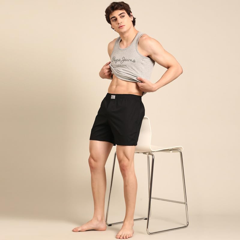 Image of Pepe Jeans Men's Solid 100% Cotton Regular Fit Long Boxer Shorts | Classic Comfortable Innerwear Long Boxer for Everyday & Lounge Wear | Soft Breathable Fabric | Elastic Waistband | All-Day Comfort