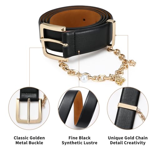 Black Belt for Women Gold Buckle with Chain Decoration Belts Perfect for Jeans and Casual Wear4
