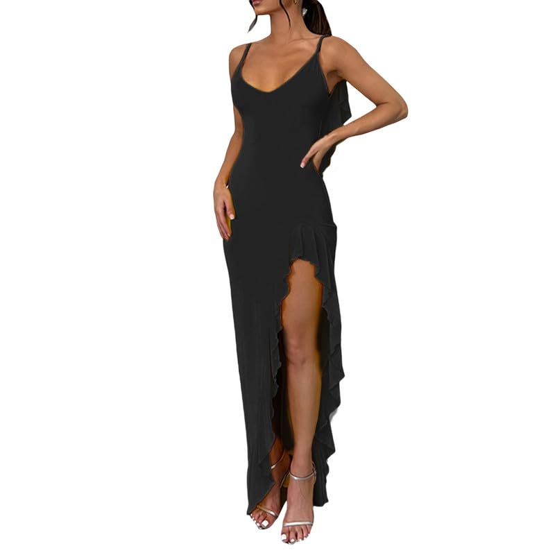 Amazon.com: Elegant Ruffles Backless V Neck Maxi Dress for Women Sexy  Camisole Split Slim Long Dresses Summer Lady Club Party Dress: Clothing,  Shoes & Jewelry