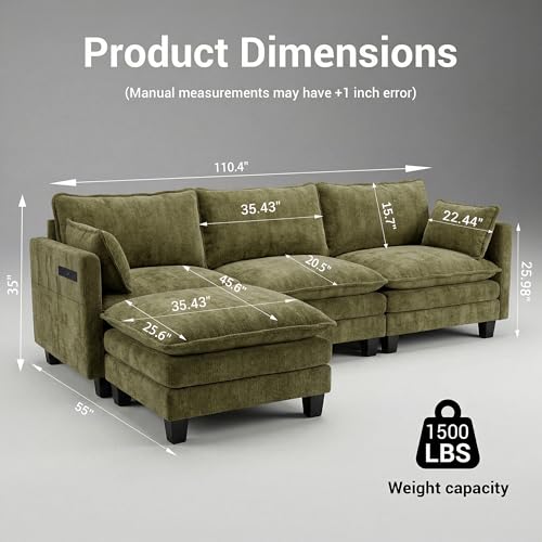 Image of 110.4 inch L Shaped Modular Sectional Sofa, Comfy Upholstery Chenille Cloud Couch with USB, Modern 4-Seat Deep Seat Sofa with Ottoman for Living Room, Apartment, Green