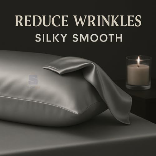 Image of Satin Pillow Covers for Hair and Skin Set of 2 with 5 Scrunchies I Satin Pillow case I Silk Pillow Cover I Silk Pillow case I Women Gift Items (Grey)