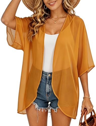 Image of FINOCEANS Womens Floral Chiffon Kimono Cardigans Loose Beach Cover Up Half Sleeve Tops