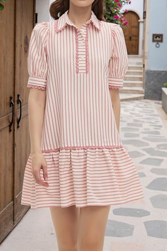 Image of EZAPINE Women Striped Shirt Dress Summer Button Down Collared Short Puff Sleeve Ruffle Hem Casual Flowy Mini Dress