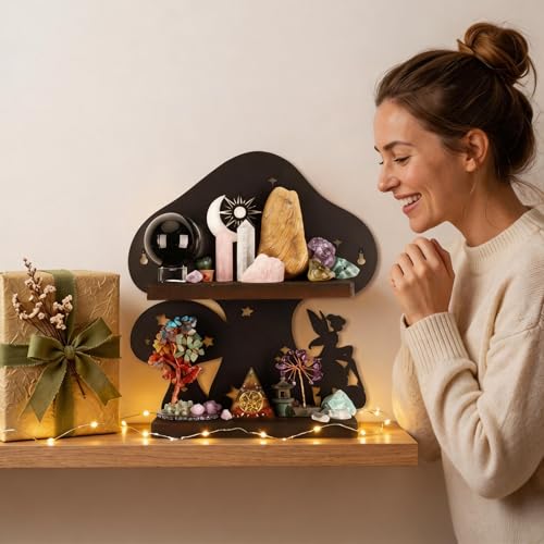 Image of Wooden Mushroom Shelf with Iron Backing - Whimsy Wall Decor for Crystals, Oils & Trinket Shelf Witchy Decor, Mushroom Decor & Fairy Core Decors Witchy Gifts for Women (1, Mushroom)