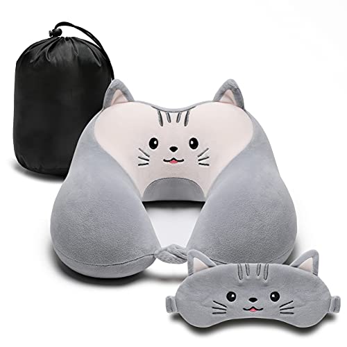 Travel Pillow for Kids and Adults, Cute Animal Memory Foam Neck Pillow with Soft Fleece Cover and Eye Mask Set, Airplane Pillow Travel Kit with Drawstring Organizer Bag, Machine Washable (Kitten) Travel Pillow for Kids and Adults, Cute Animal Memory Foam Neck Pillow with Soft Fleece Cover and Eye Mask Set, Airplane Pillow Travel Kit with Drawstring Organizer Bag, Machine Washable (Kitten)