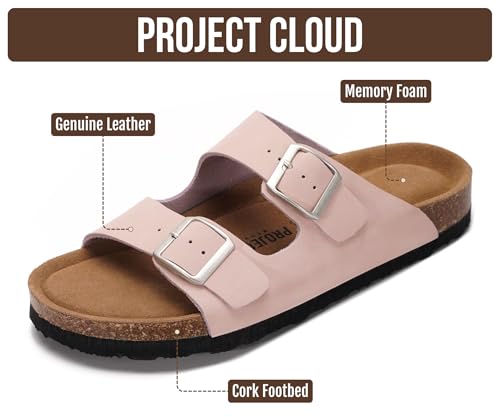 Image of Project Cloud 100% Genuine Leather Flat Sandals For Women 2026 Cork Footbed Womens Sandals with Memory Foam and arch support Vacation Essentials Slides for Women Footwear (Venita)