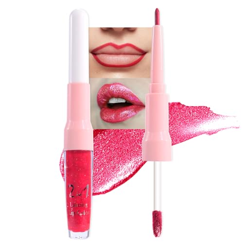 Image of evpct Crushed Ruby Red Metallic Glitter Lip Liner and Lipstick Combo Lip Gloss Stain Set Makeup for Women Long Lasting Waterproof 24, Red Frosted Metallic Shimmer Glossy iridescent Liquid Lipstick 18