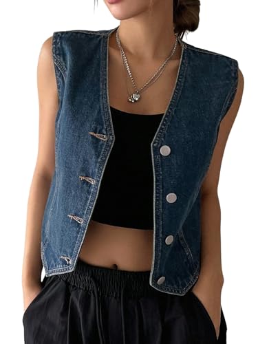 OYOANGLE Women's Denim Vest Button Down Sleeveless V Neck Jean Waistcoat Jackets