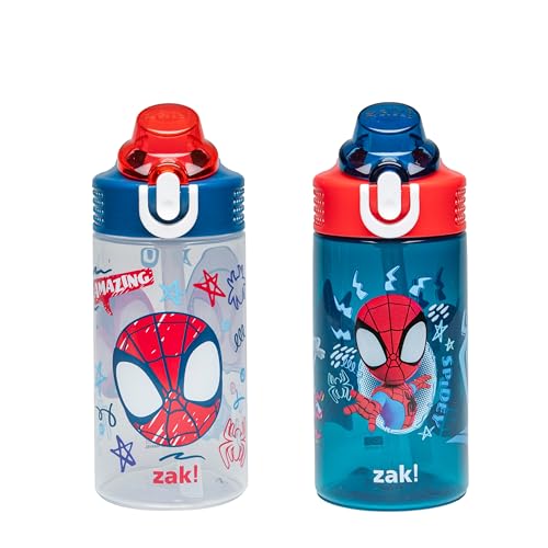 Zak Designs Marvel Spider-Man Sage Kids Water Bottle For School or Travel, 16oz Durable Plastic Water Bottle With Straw, Handle, and Leak-Proof Spout Cover, 2-Pack (Spidey and His Amazing Friends)