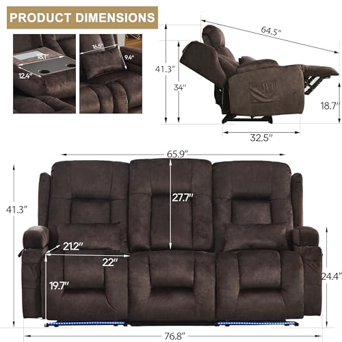 Image of URRED Wall Hugger Power Recliner Sofa with Massage and Heat,Brown