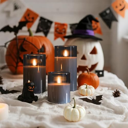 Image of Amagic Grey Flameless Candles with Remote, Battery Operated Candles with Timer, Ribbed Glass LED Pillar Candles with Flickering Flame for Spooky Halloween Party Decor, Real Wax, Set of 3