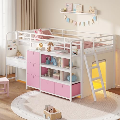 DICTAC Low Loft Bed with Desk and 6 Storage Drawers Twin Loft Bed with Bookshelf,LED Lights & Under-Bed Play Space,Kids Twin Beds with 13.8''H Safety Guardrail,Inclined Ladder&Play Curtain,Pink+White