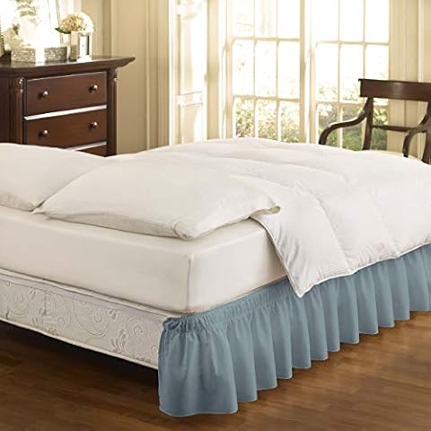 Easy Fit Solid Elastic Wrap Around Bed Skirt, Easy On/Off Dust Ruffle (18 Inch Drop), Twin/Full, Dusty Blue Cover