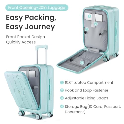 Premium 3-Piece Luggage Set (20/24/28") with TSA Lock | Expandable Carry-On Hardshell Suitcase | 100% PC Material, Spinner Wheels, Front Pocket & Lightweight Design (Mint Green)3