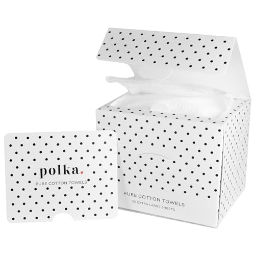 POLKA DOT CARE Cotton Towels | Disposable Face and Makeup Wipes | Natural, Biodegradable | Plant Based Facial Towelettes | Ideal for Sensitive Acne Prone Skin, Travel, Baby Care, 50 Ct, 1 Pk