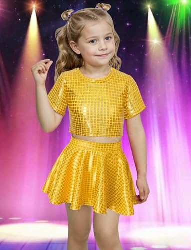 Image of Sequin Top for Girls with Shiny Skirt Disco 0utfit Metallic Dress Performance Kids 3-13T